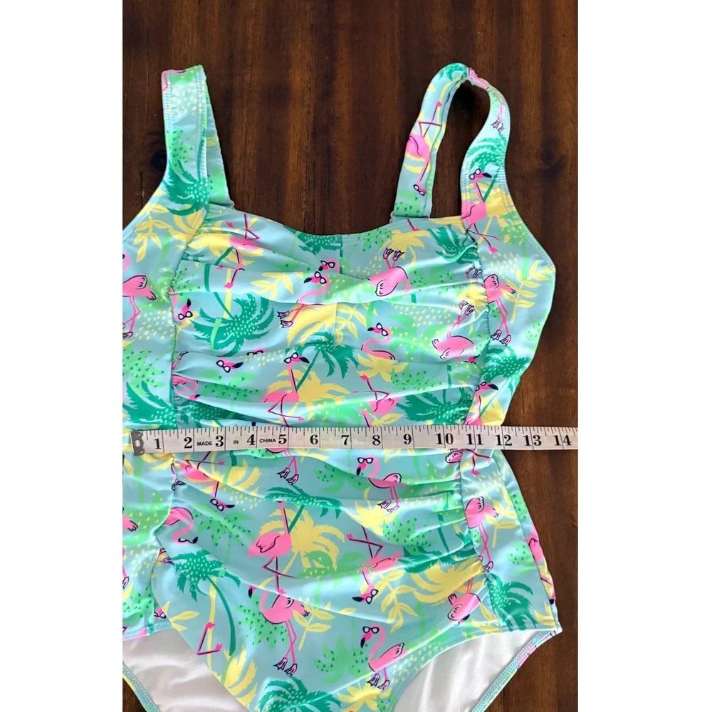 Berkley Jensen Womens Flamingo‎ Palm Tree One Piece Ruched Swimsuit Blue Size M